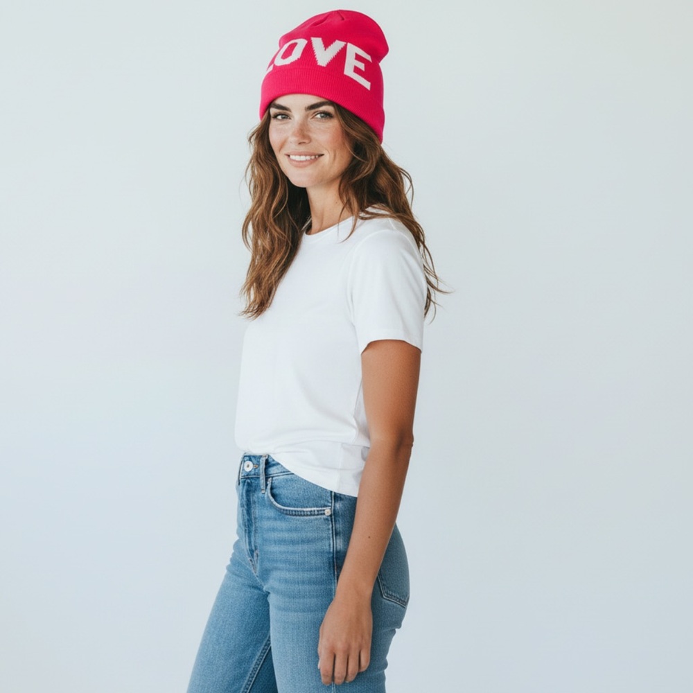 Rebecca Minkoff Pink White LOVE Ribbed Stadium Beanie Cap Acrylic Knit Hat